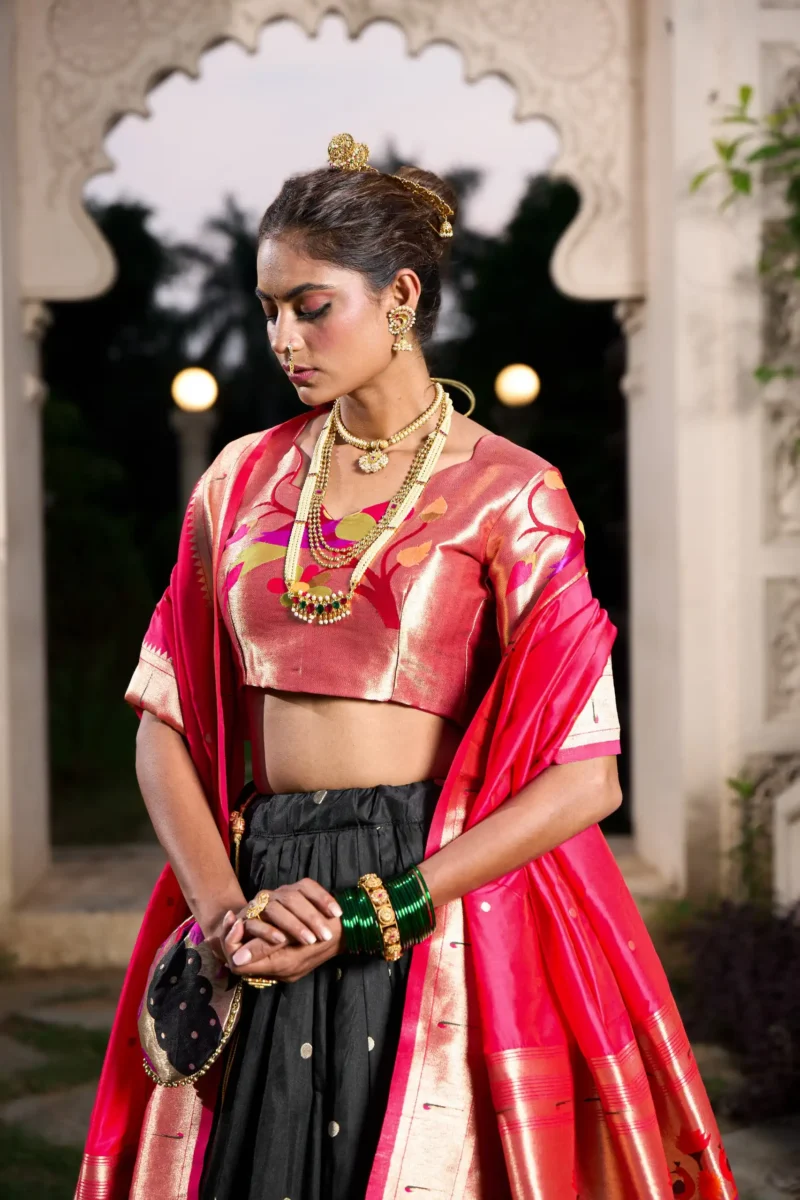black colour Paithani Jacquard Silk Half Saree Lehenga close
