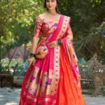 orange colour Paithani Jacquard Silk Half Saree Lehenga front