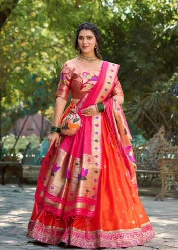 orange colour Paithani Jacquard Silk Half Saree Lehenga front