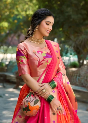 orange colour Paithani Jacquard Silk Half Saree Lehenga close