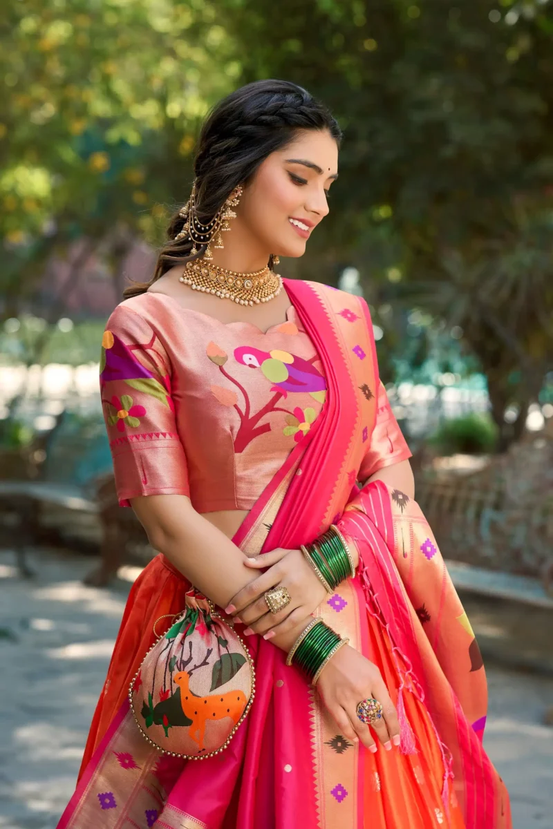 orange colour Paithani Jacquard Silk Half Saree Lehenga close