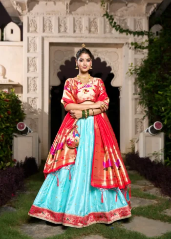 sky blue colour Paithani Jacquard Silk Half Saree Lehenga front