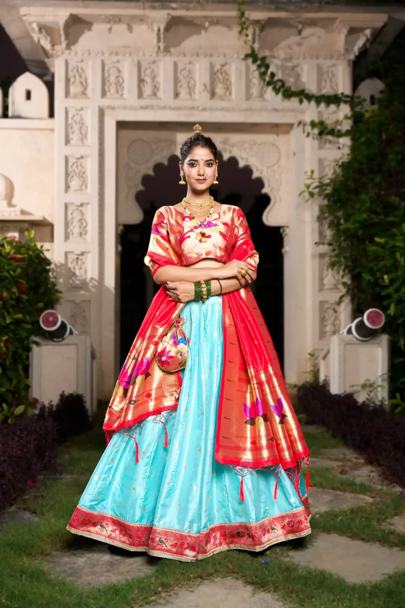 sky blue colour Paithani Jacquard Silk Half Saree Lehenga front