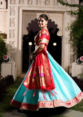 sky blue colour Paithani Jacquard Silk Half Saree Lehenga side look
