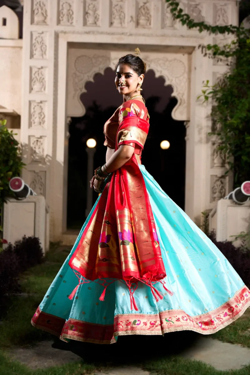 sky blue colour Paithani Jacquard Silk Half Saree Lehenga side look