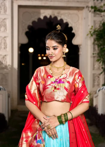 sky blue colour Paithani Jacquard Silk Half Saree Lehenga close look