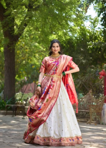 white colour Paithani Jacquard Silk Half Saree Lehenga full look