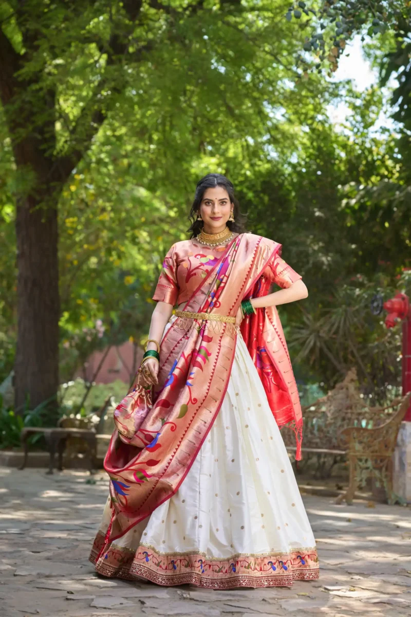 white colour Paithani Jacquard Silk Half Saree Lehenga full look