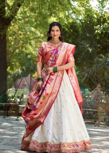 white colour Paithani Jacquard Silk Half Saree Lehenga front look