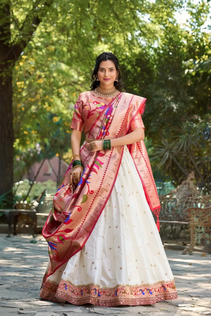 white colour Paithani Jacquard Silk Half Saree Lehenga front look
