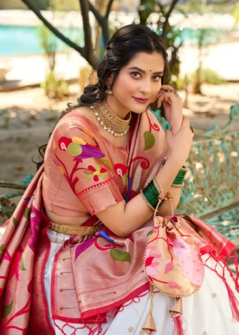 white colour Paithani Jacquard Silk Half Saree Lehenga close look