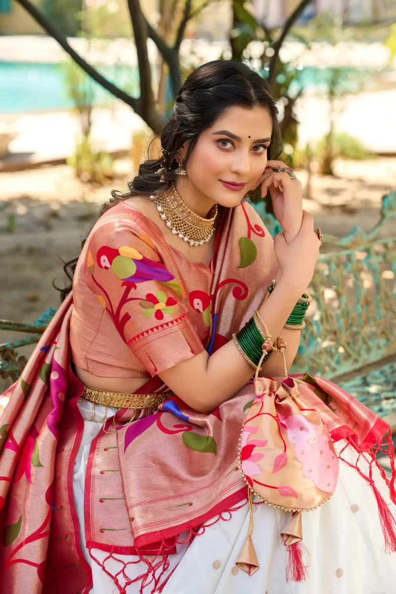 white colour Paithani Jacquard Silk Half Saree Lehenga close look