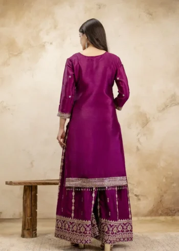 Wine Colour Chinon Sharara Suit with Sequin Embroidery back side look