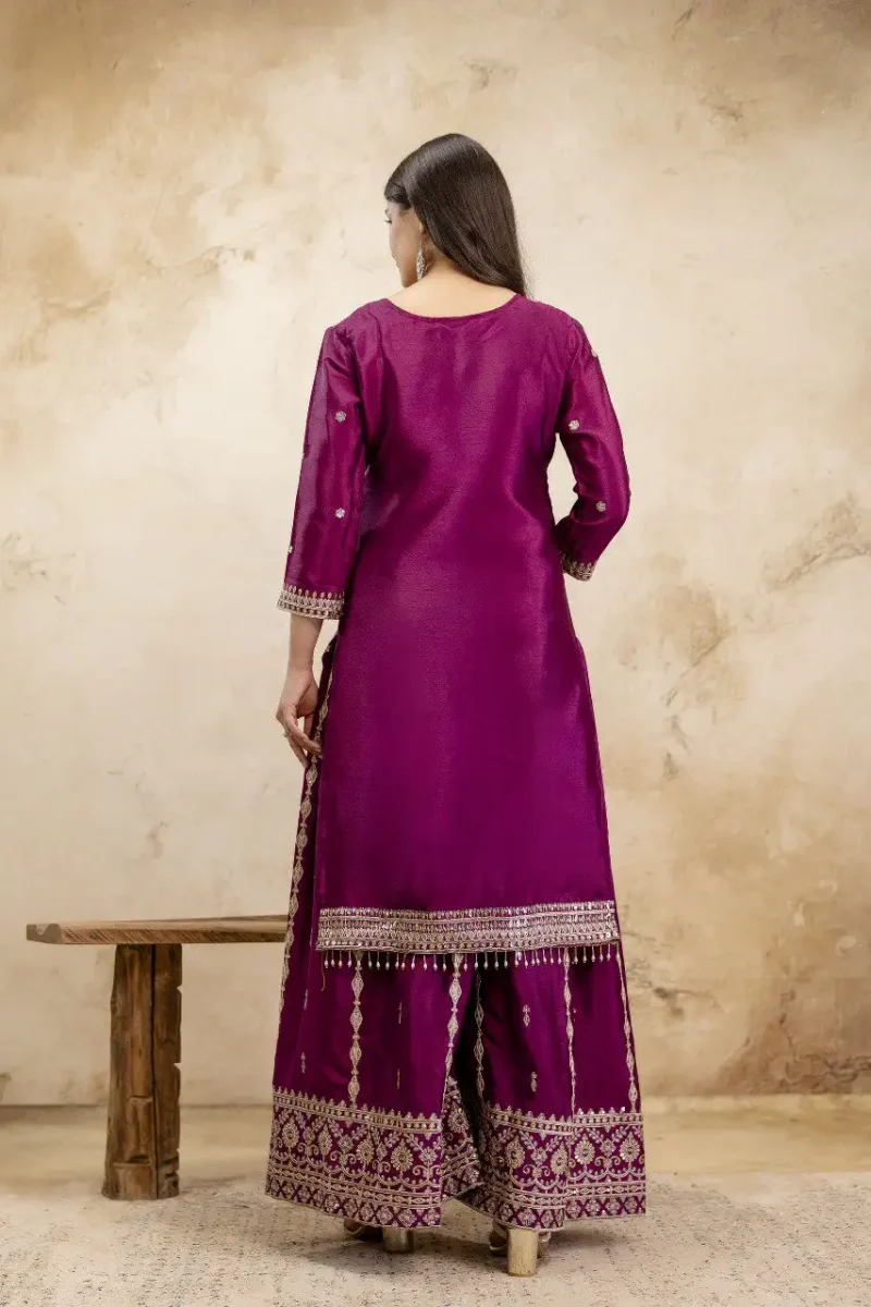 Wine Colour Chinon Sharara Suit with Sequin Embroidery back side look