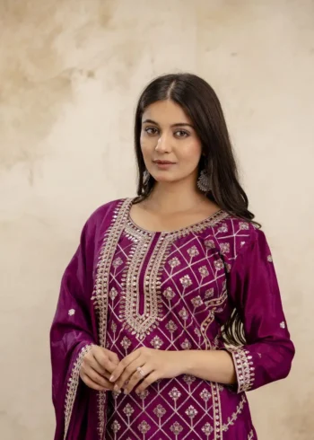 Wine Colour Chinon Sharara Suit with Sequin Embroidery close