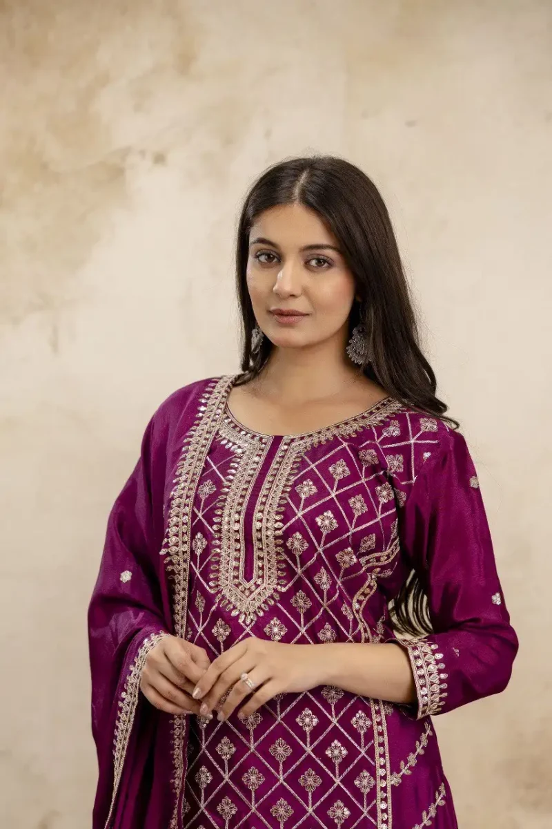 Wine Colour Chinon Sharara Suit with Sequin Embroidery close
