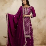 Wine Colour Chinon Sharara Suit with Sequin Embroidery dupatta look