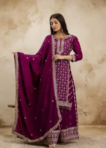 Wine Colour Chinon Sharara Suit with Sequin Embroidery dupatta look
