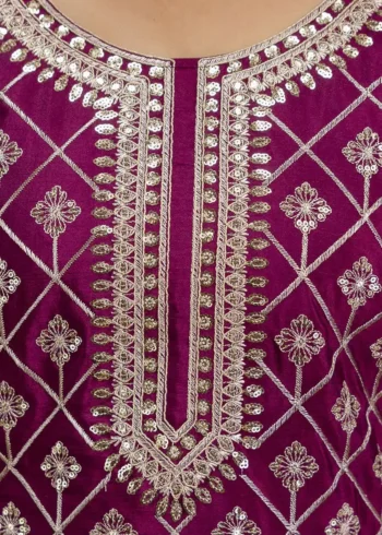 Wine Colour Chinon Sharara Suit with Sequin Embroidery close work details