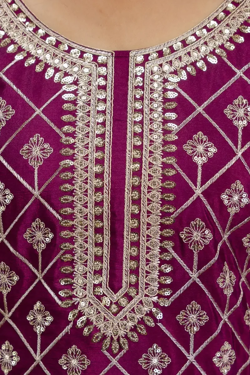 Wine Colour Chinon Sharara Suit with Sequin Embroidery close work details
