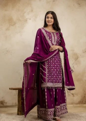 Wine Colour Chinon Sharara Suit with Sequin Embroidery dupatta look