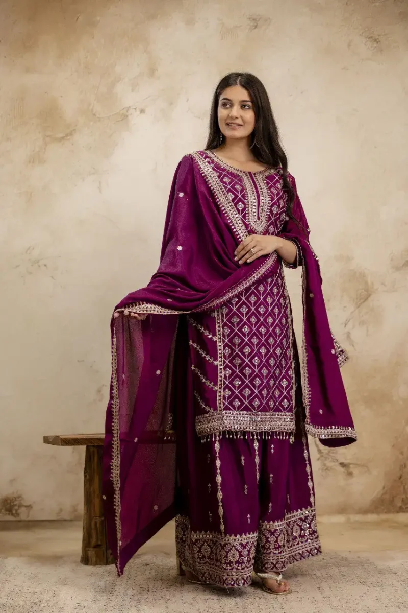 Wine Colour Chinon Sharara Suit with Sequin Embroidery dupatta look
