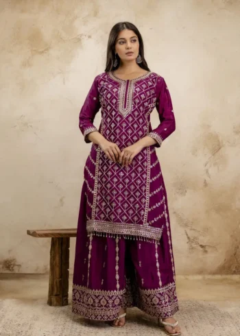 Wine Colour Chinon Sharara Suit with Sequin Embroidery front look