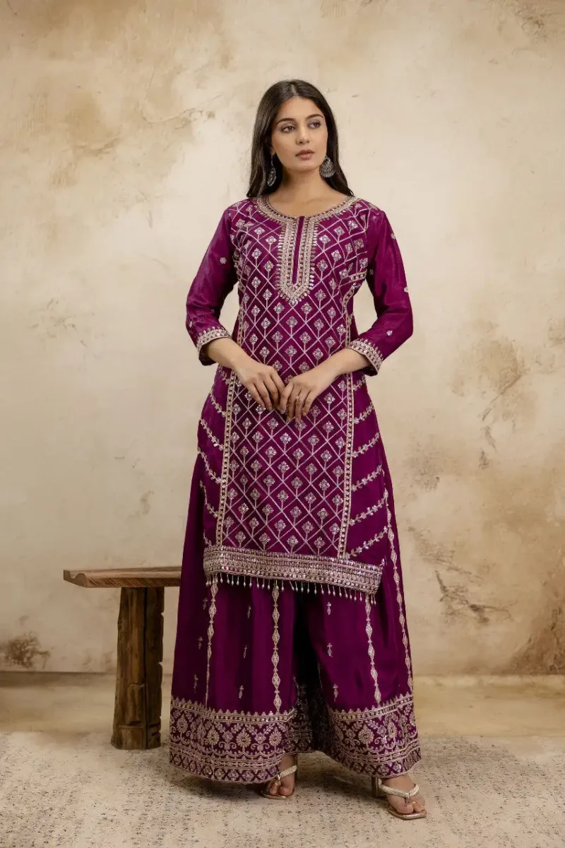 Wine Colour Chinon Sharara Suit with Sequin Embroidery front look