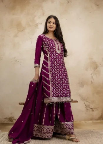 Wine Colour Chinon Sharara Suit with Sequin Embroidery
