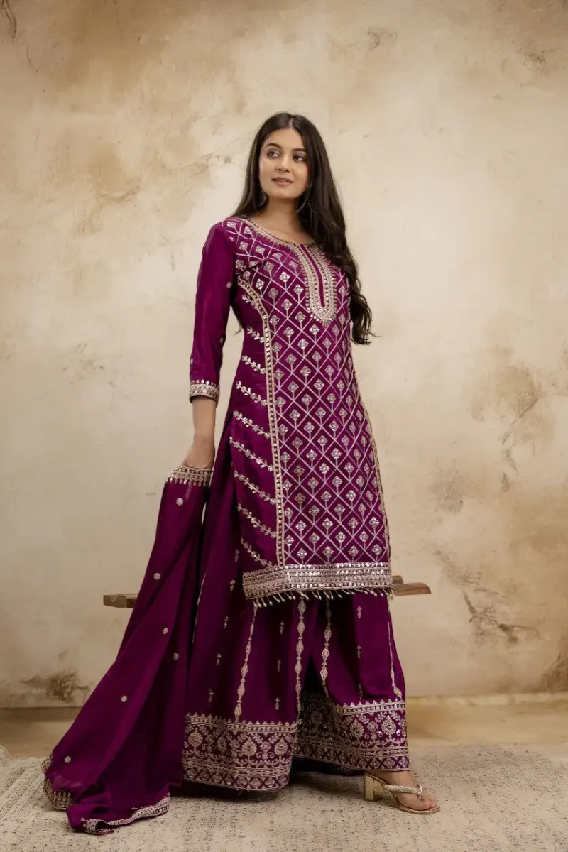 Wine Colour Chinon Sharara Suit with Sequin Embroidery