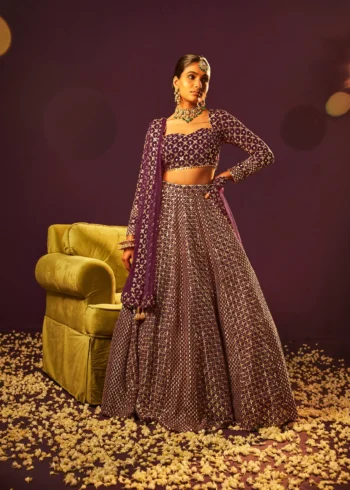 Wine Colour Georgette Bridesmaid Lehenga front