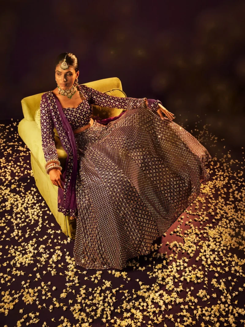 Wine Colour Georgette Bridesmaid Lehenga model look