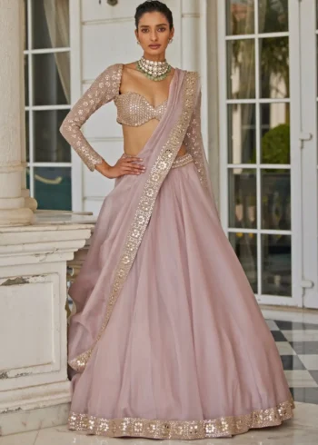 Ash Pink Organza Silk Sequin Embroidered Wedding Lehenga Choli