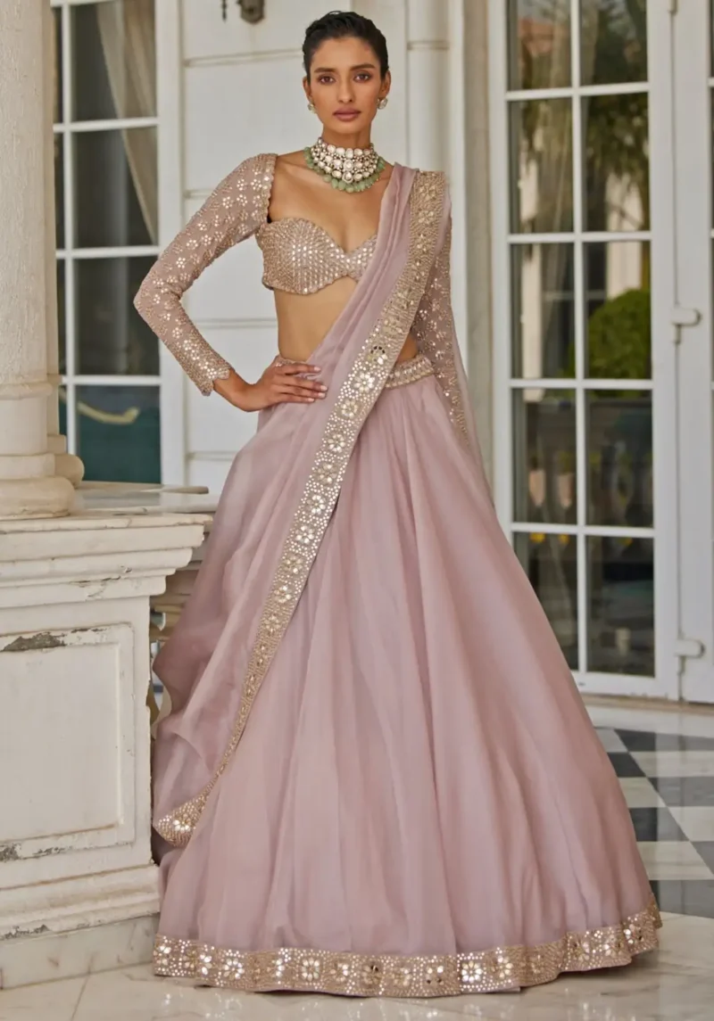 Ash Pink Organza Silk Sequin Embroidered Wedding Lehenga Choli