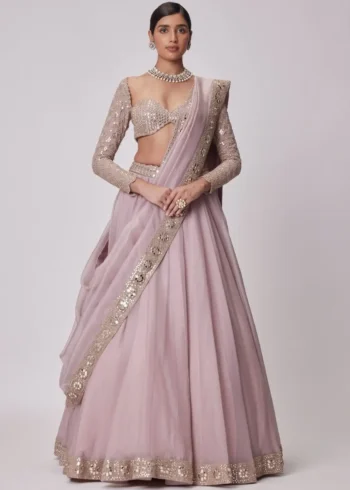 Ash Pink Organza Silk Sequin Embroidered Wedding Lehenga Choli front design