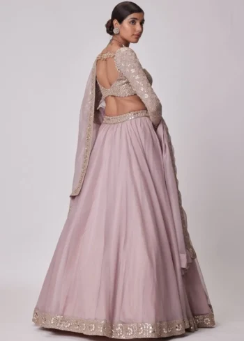 Ash Pink Organza Silk Sequin Embroidered Wedding Lehenga Choli back design