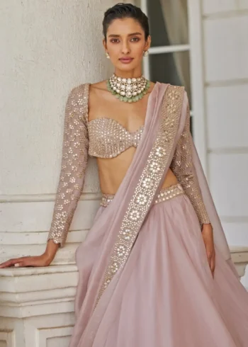Ash Pink Organza Silk Sequin Embroidered Wedding Lehenga Choli close look