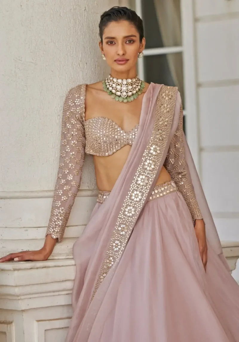 Ash Pink Organza Silk Sequin Embroidered Wedding Lehenga Choli close look