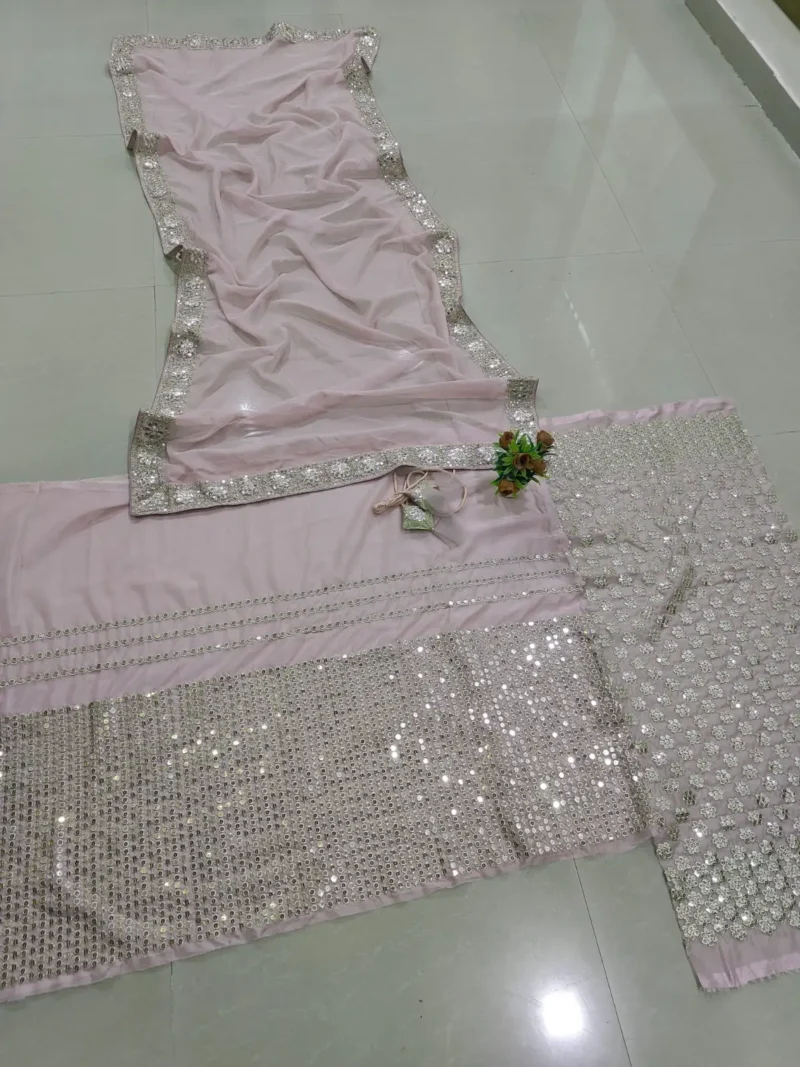 Ash Pink Organza Silk Sequin Embroidered Wedding Lehenga Choli live blouse n dupatta