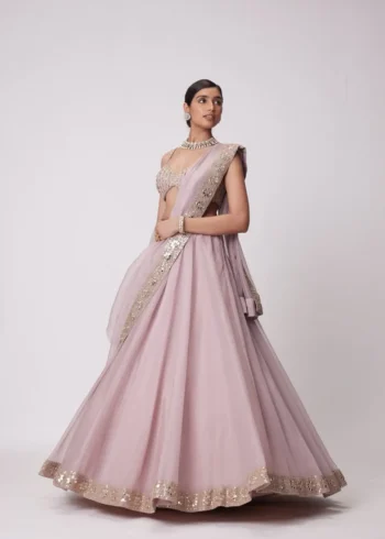 Ash Pink Organza Silk Sequin Embroidered Wedding Lehenga Choli flair look