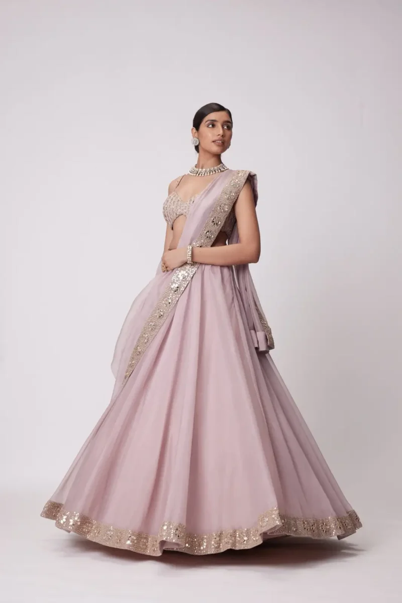 Ash Pink Organza Silk Sequin Embroidered Wedding Lehenga Choli flair look