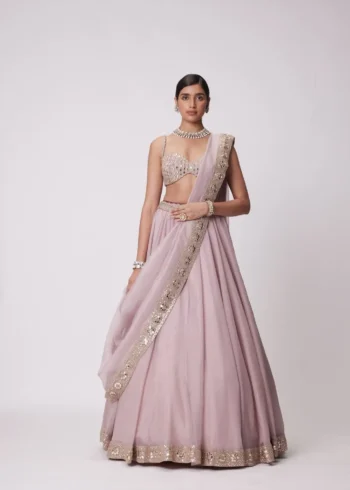 Ash Pink Organza Silk Sequin Embroidered Wedding Lehenga Choli front look
