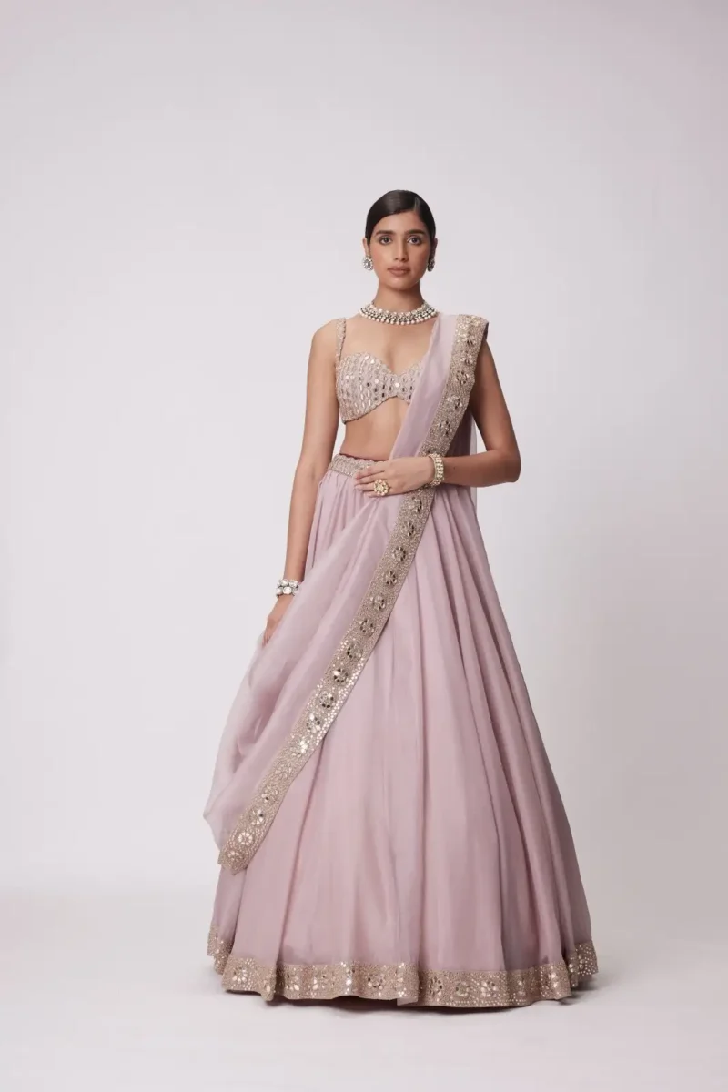 Ash Pink Organza Silk Sequin Embroidered Wedding Lehenga Choli front look