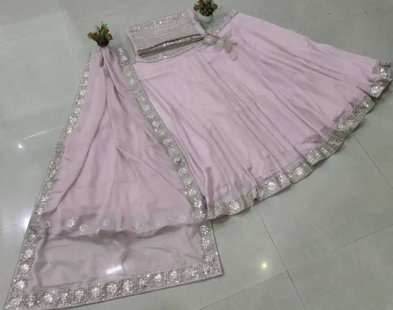 Ash Pink Organza Silk Sequin Embroidered Wedding Lehenga Choli live real image