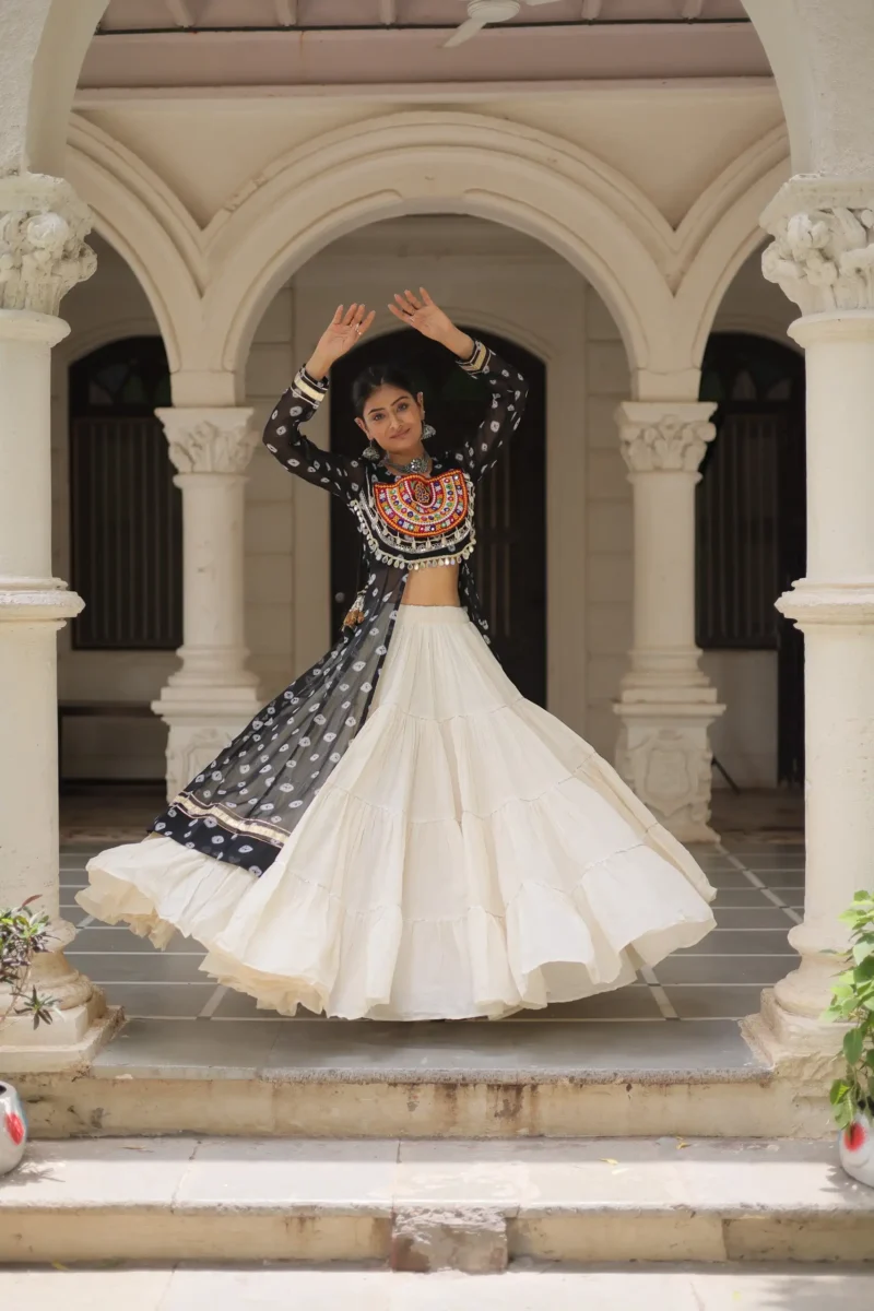 Black Bandhani Print Kutchi Patchwork Navratri Kurti Lehenga Set flair look