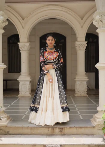 Black Bandhani Print Kutchi Patchwork Navratri Kurti Lehenga Set