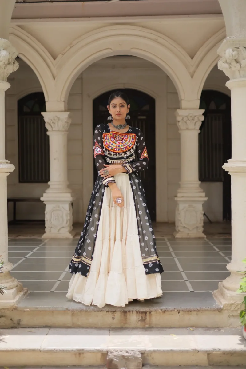 Black Bandhani Print Kutchi Patchwork Navratri Kurti Lehenga Set