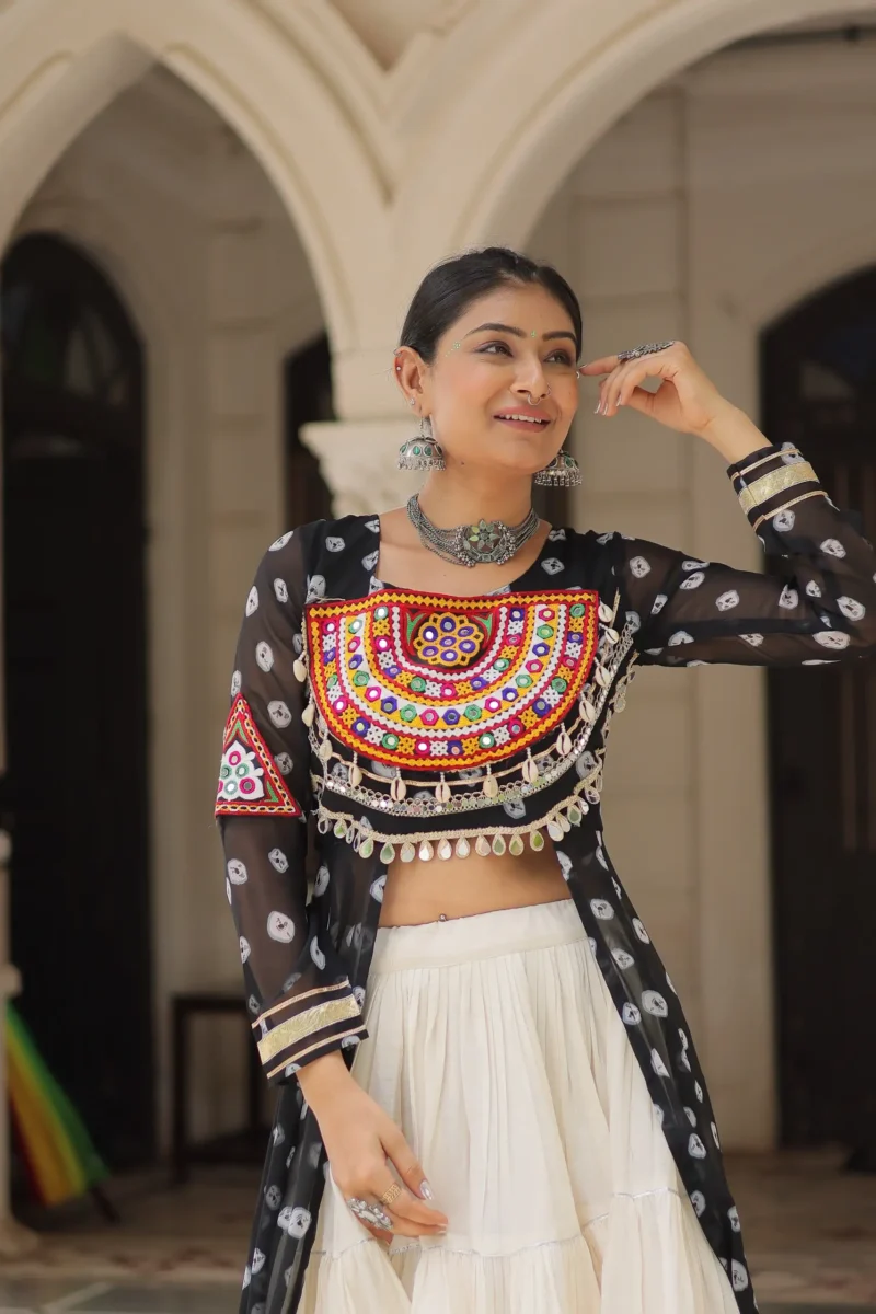Black Bandhani Print Kutchi Patchwork Navratri Kurti Lehenga Set close look