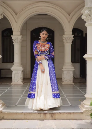 Blue Bandhani Print Kutchi Patchwork Navratri Kurti Lehenga Set
