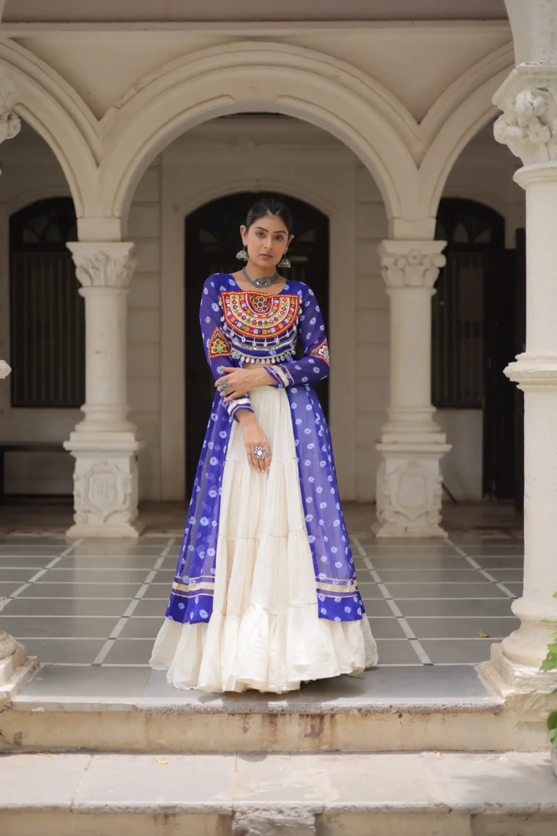 Blue Bandhani Print Kutchi Patchwork Navratri Kurti Lehenga Set